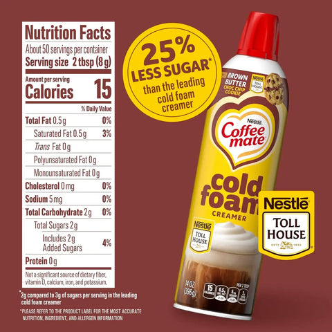 Coffee mate Brown Butter Chocolate Chip Cookie Flavored Cold Foam Creamer, Non-Dairy, Cold Foam Coffee Creamer, 50 Servings